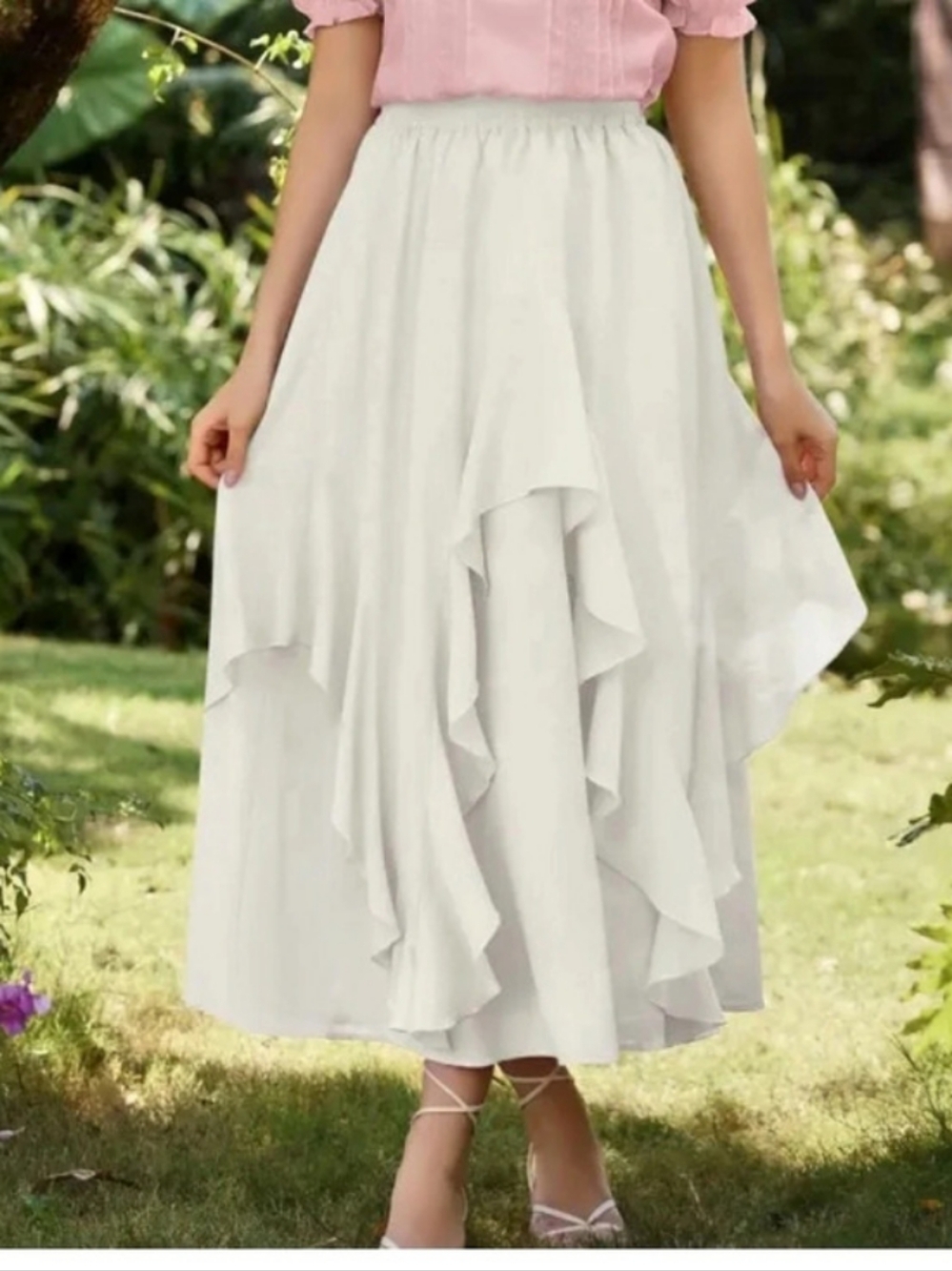 High-Low Ruffle Skirt in White